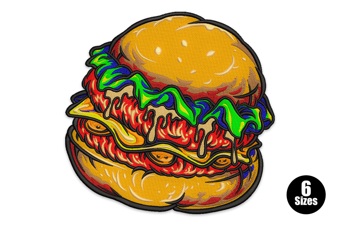 Bold pop-art cheeseburger embroidery with 11 colours, thick outlines and dripping sauce layers