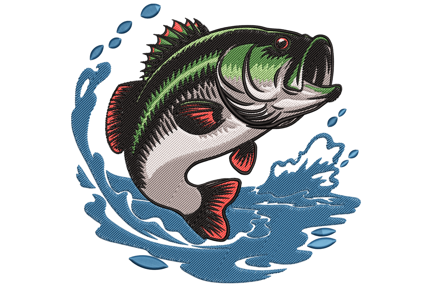 Embroidery design of largemouth bass mid-leap, curved body and open mouth, dark green stripe on silver belly, 7 colours