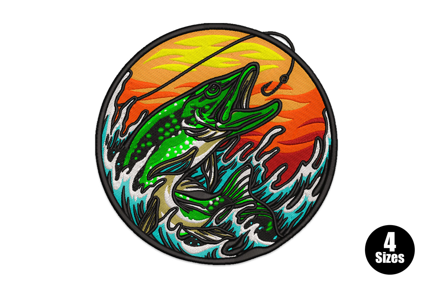 Jumping bass fishing embroidery design with a large-mouth bass leaping through waves at sunset, framed in a circular patch-style border in green, orange and turquoise.