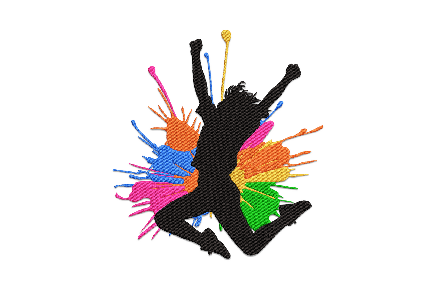 Girl jumping mid-air with colour splash burst, 6-colour energetic silhouette machine embroidery, 7 sizes 3.22 to 6.89 inches