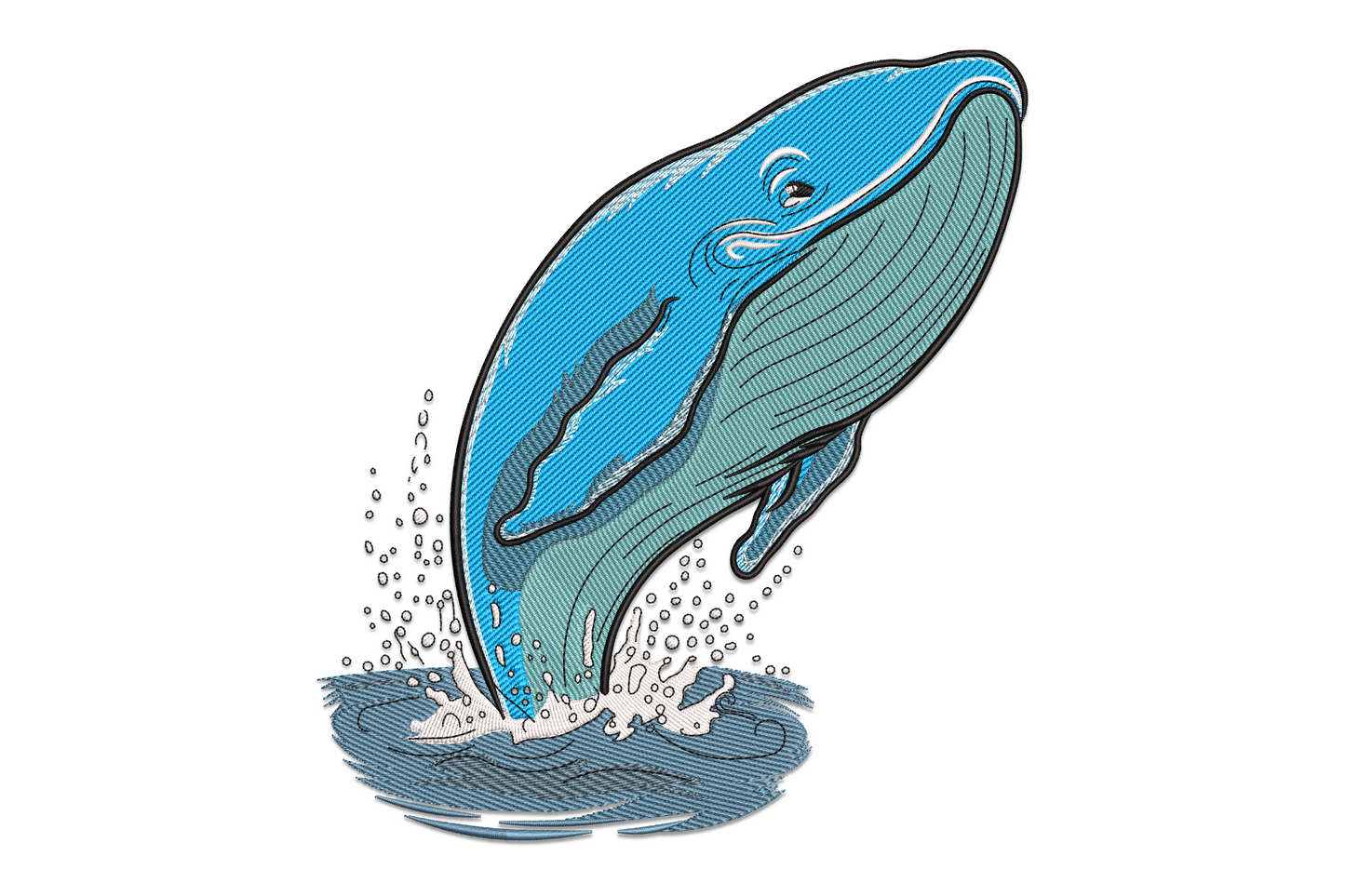 Jumping whale embroidery design showing a humpback whale breaching upward from white ocean foam in bright blue and teal with dark navy outlines.
