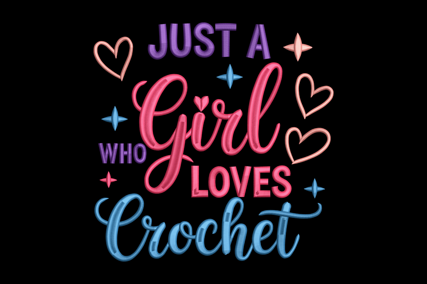 Neon-style text 'Just a Girl Who Loves Crochet' with hearts and stars on a black background