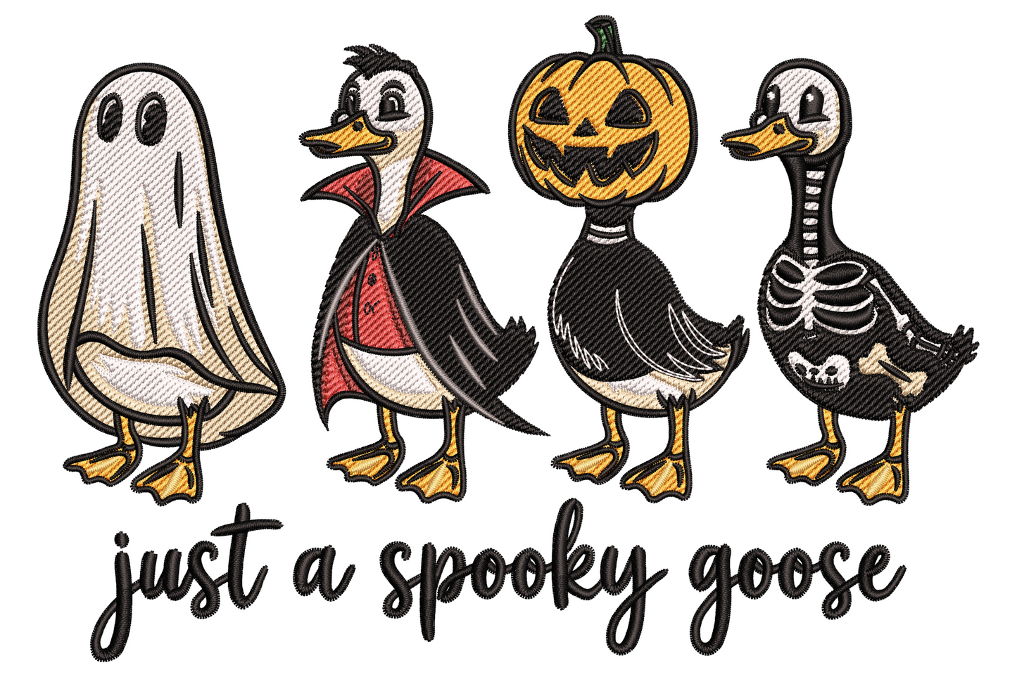 Spooky goose halloween embroidery, cartoon goose in white ghost sheet with orange beak and feet peeking out, deadpan expression, 9 colours.