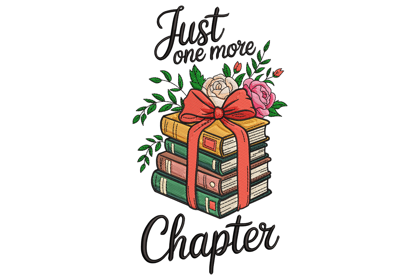 Just One More Chapter book stack embroidery with mustard, green and rust spines, coral ribbon, cream peony, sage leaves.