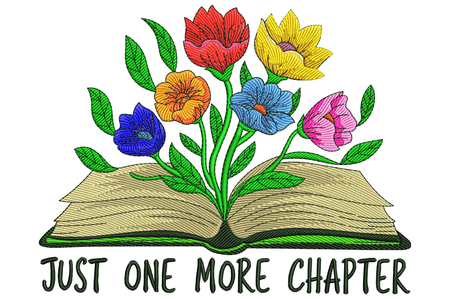 Reader embroidery with stack of three mauve, sage, and rust books, flowing navy Just One More Chapter cursive, peach rose, blush dahlia, blue cornflower, and lavender buds above.