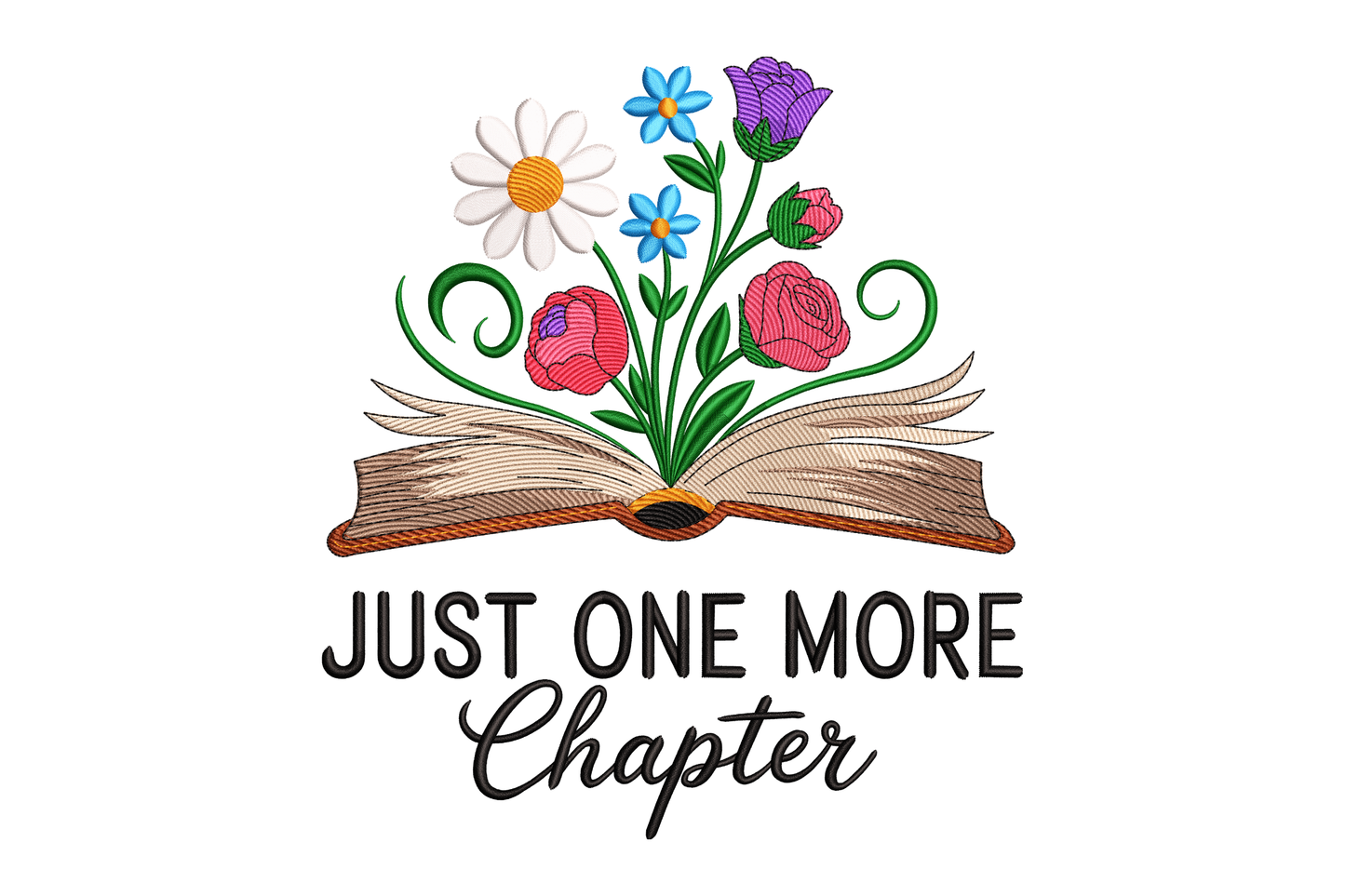 Open book with flowers and 'Just One More Chapter' text on a white background