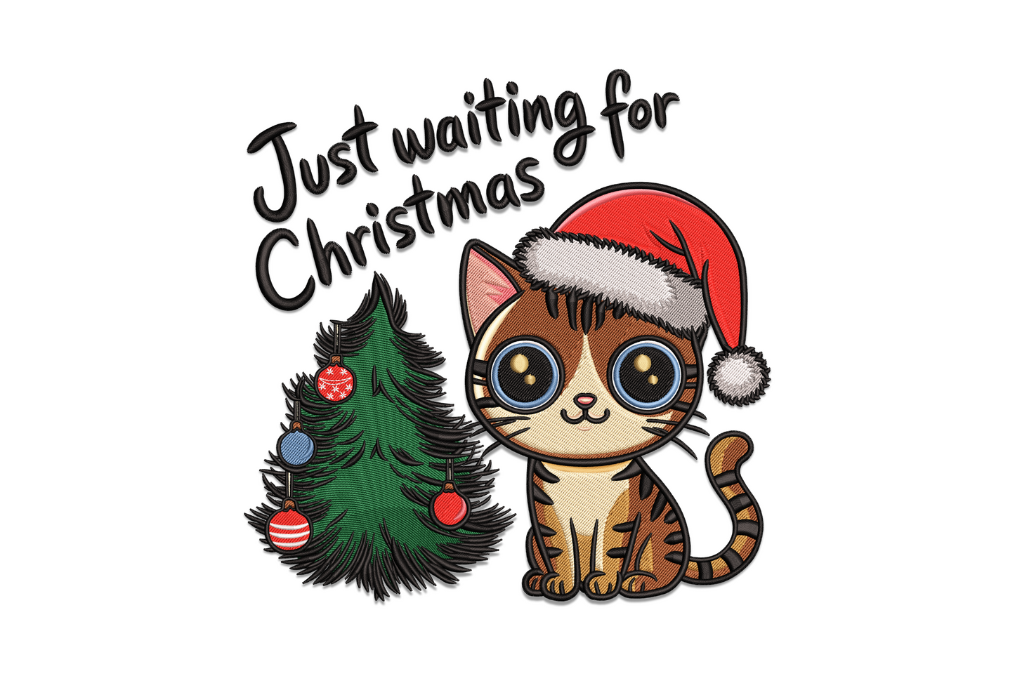 Christmas cat embroidery, chibi tabby with big blue eyes in red Santa hat, beside decorated christmas tree, handwritten script text