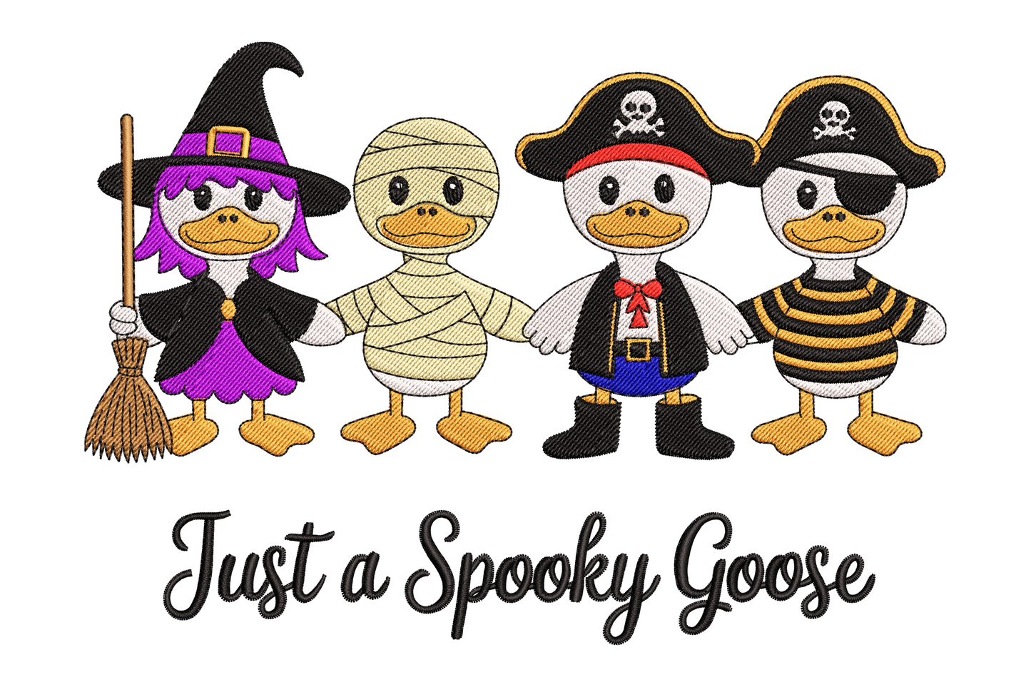 Four halloween costume geese embroidery row of witch mummy vampire and pirate goose with Just a Spooky Goose script lettering