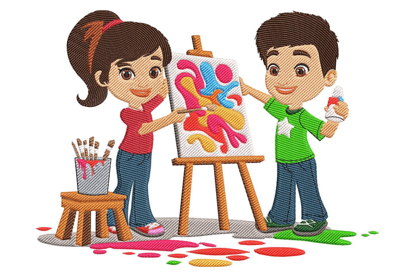Cartoon kids painting embroidery design, girl in red tee with ponytail and boy in green tee at a wooden easel making a bright pink blue and yellow canvas.