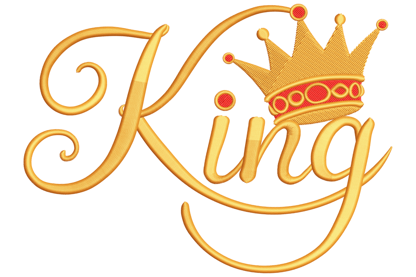 King embroidery design in flowing gold script with a tilted gold crown and ruby gems sitting on top of the letter i.