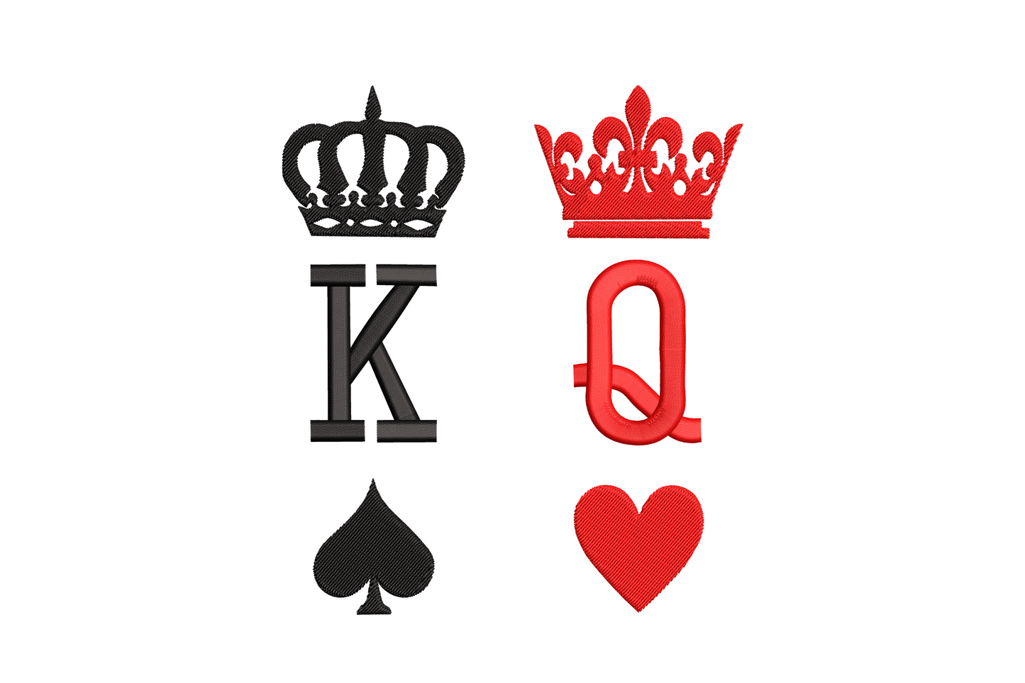 King and queen playing card embroidery design, black K of spades and red Q of hearts stacked pair