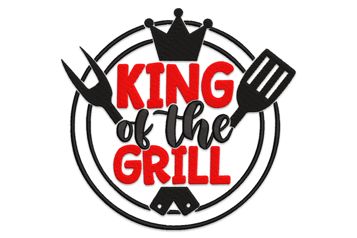 King of the Grill embroidery badge with black crown, crossed BBQ fork and spatula, and red text in a circular border.
