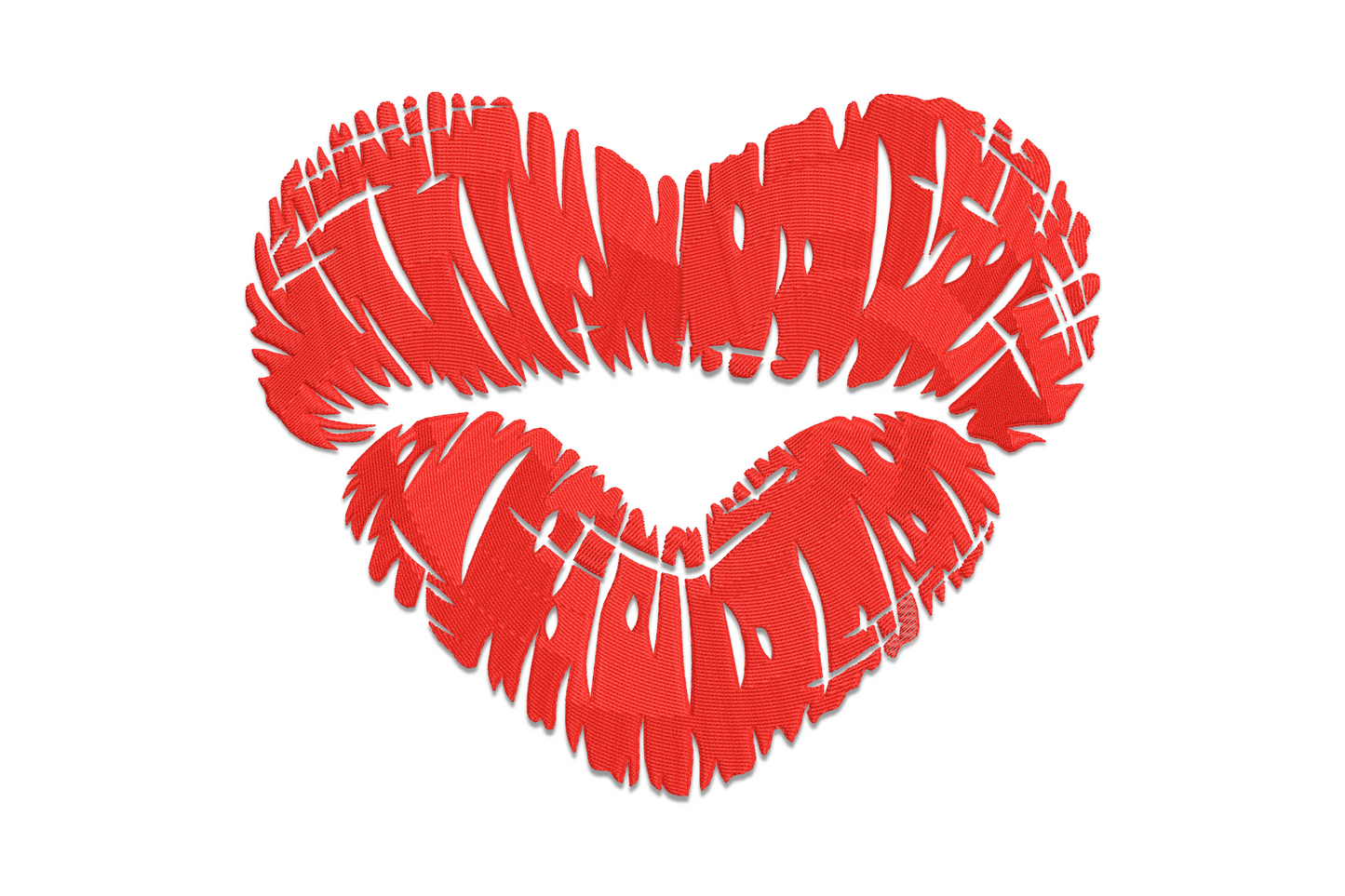 Single-colour puckered lips and floating heart embroidery in red, high-density satin fill on white cotton