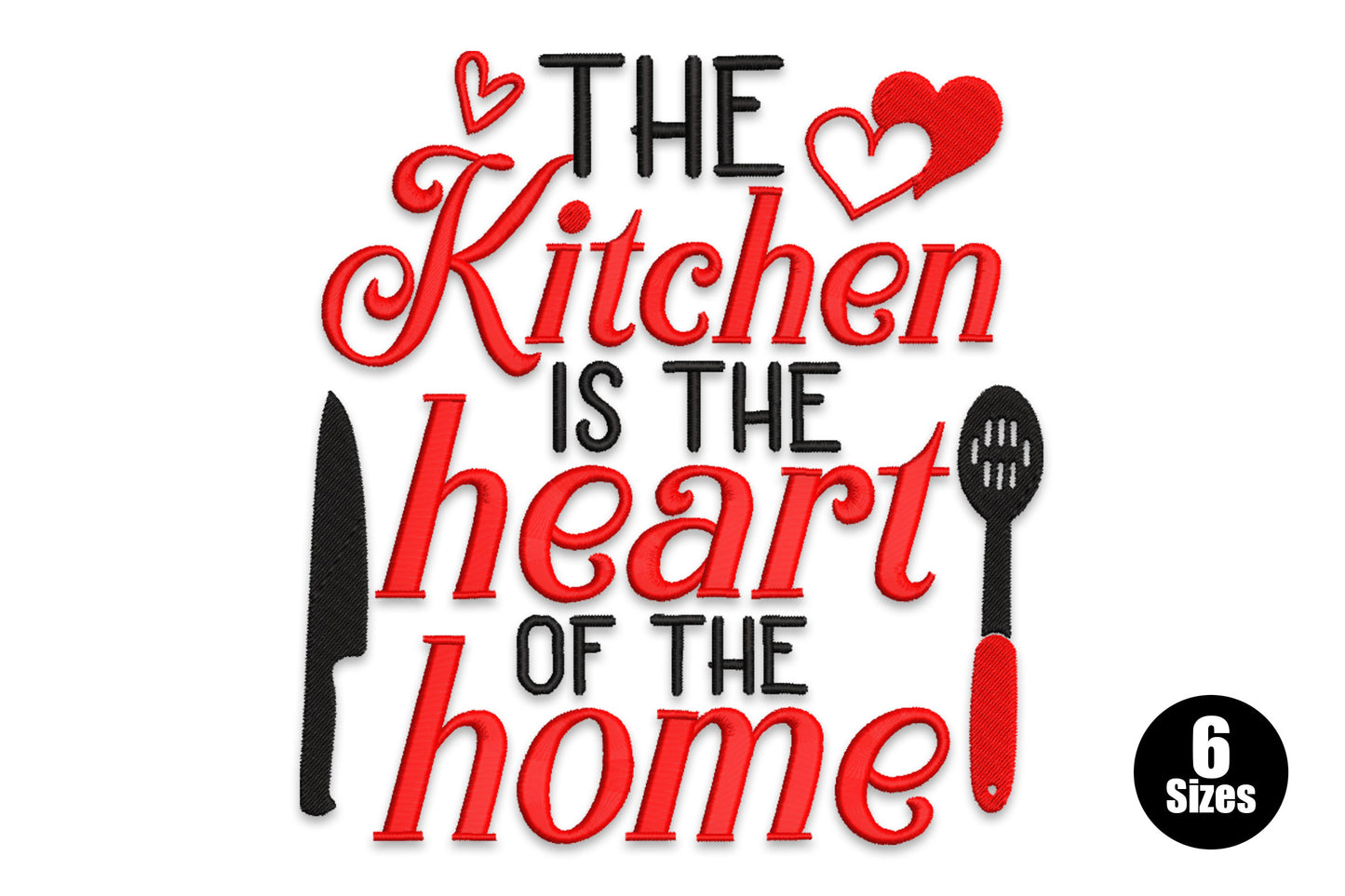 Kitchen is the heart of the home embroidery design with red italic script, black slab-serif caps, a chef knife, slotted spoon and two outline hearts.