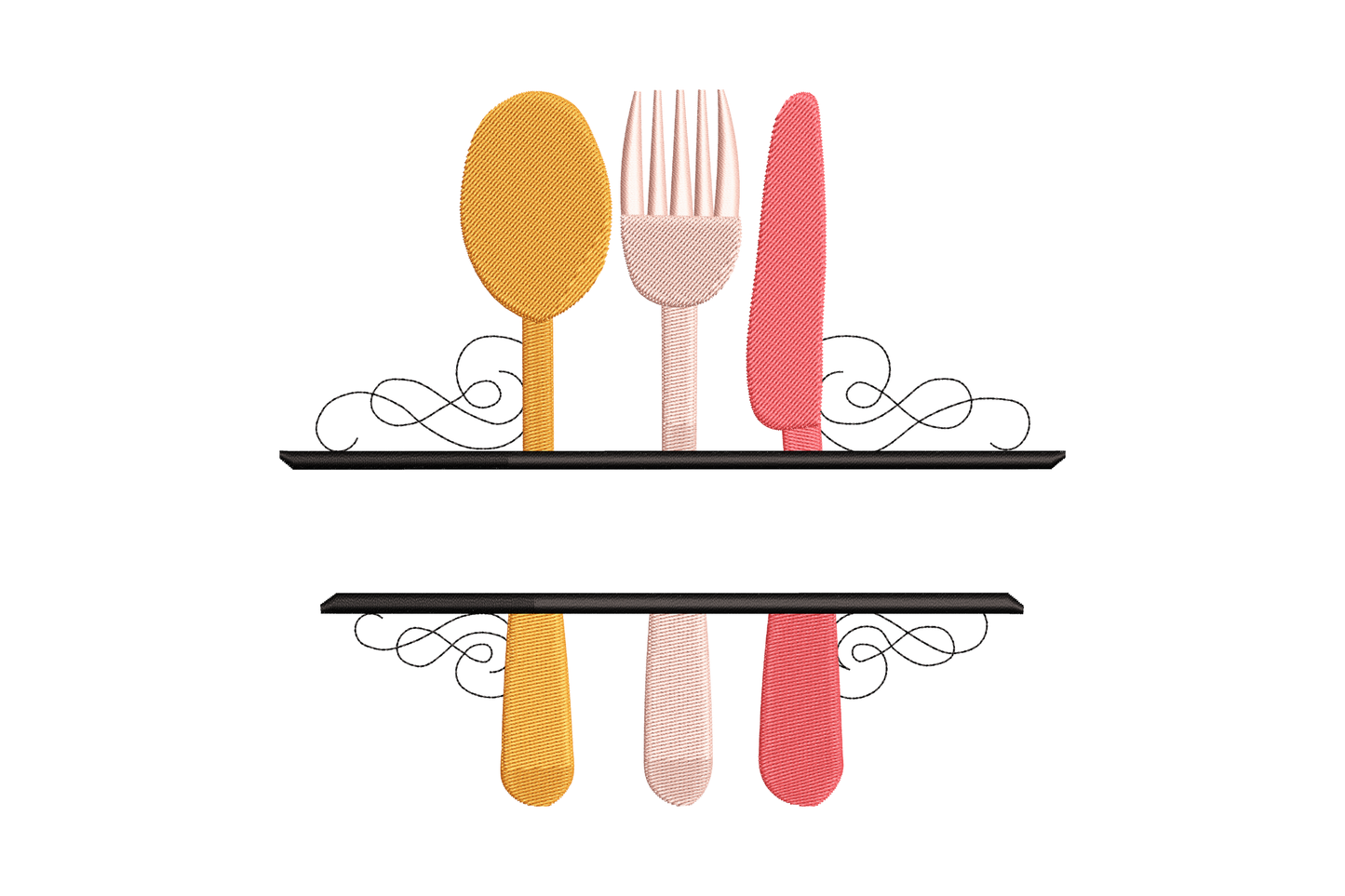 Kitchen shelf spoon fork knife embroidery design with decorative scroll brackets, showing utensils in orange and coral-pink thread on a black shelf bar.