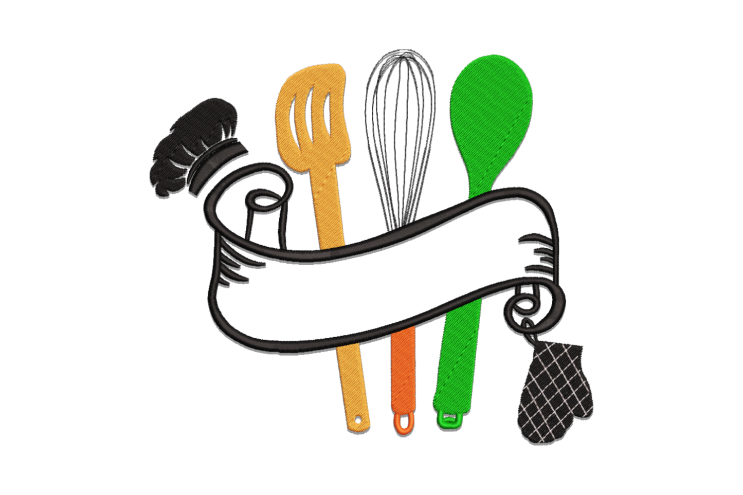 Kitchen utensils embroidery with chef hat orange spatula whisk green spoon and oven mitt behind a blank scroll banner.