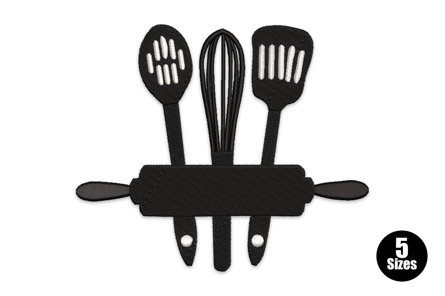 Kitchen utensils embroidery design, slotted spoon, whisk and spatula fanned over a rolling pin, solid black silhouette.