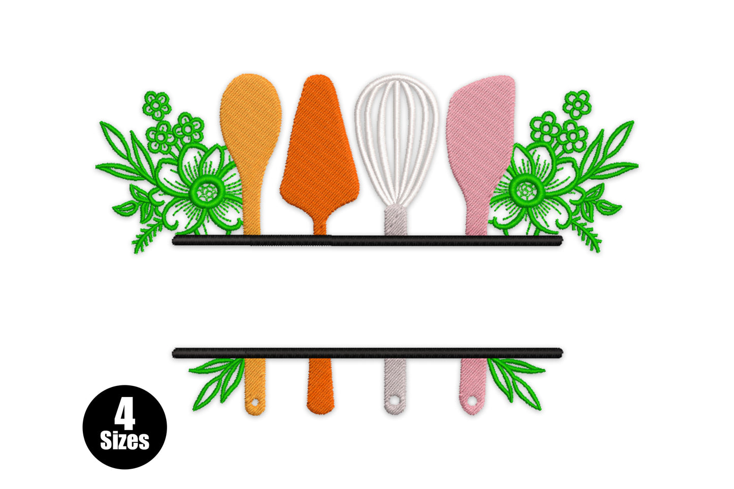 Kitchen utensils shelf embroidery design with amber spoon, orange icing spatula, grey whisk and blush offset spatula on a black shelf rail, flanked by green botanical florals.