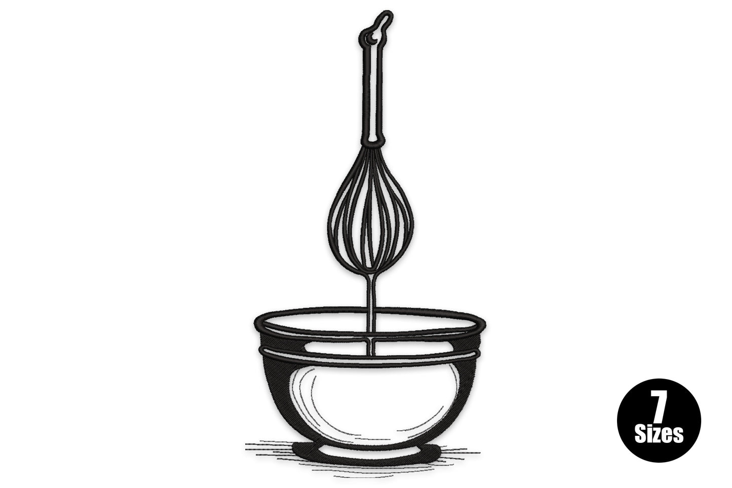 Kitchen whisk and mixing bowl embroidery design in detailed black engraving line art style with hatching and shading.