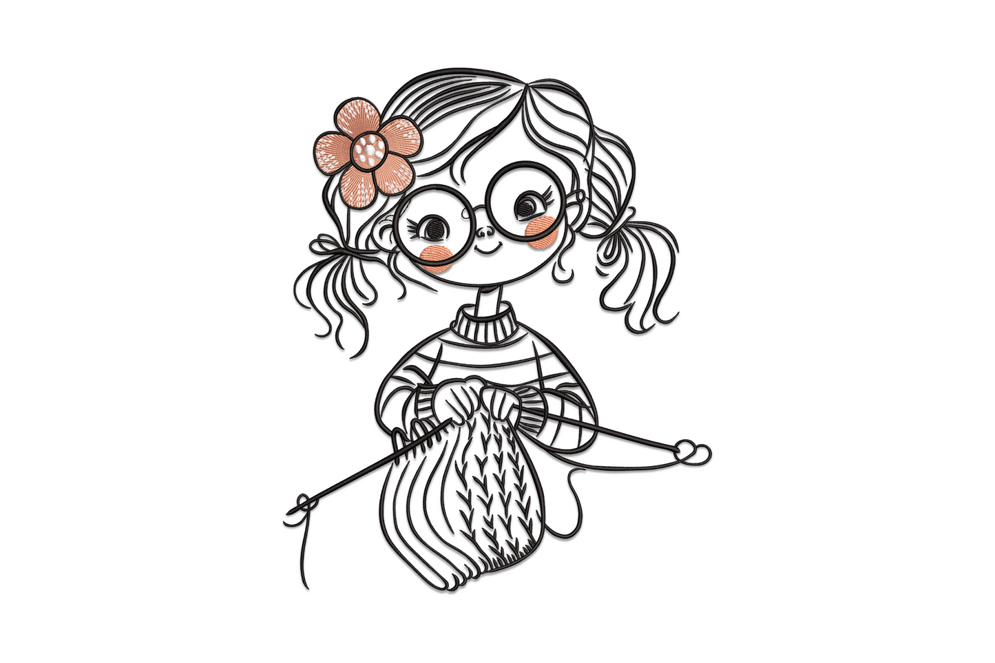 Knitting girl embroidery design, seated figure with knitting needles and yarn in four-colour illustrative style