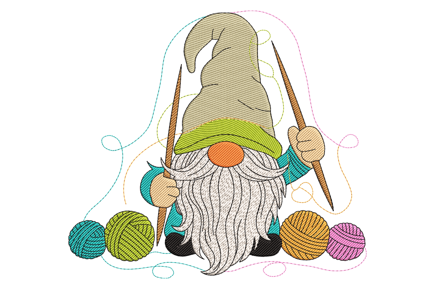 Knitting gnome embroidery design with burgundy hat, cream fluffy beard, mustard needles and three coloured yarn balls.