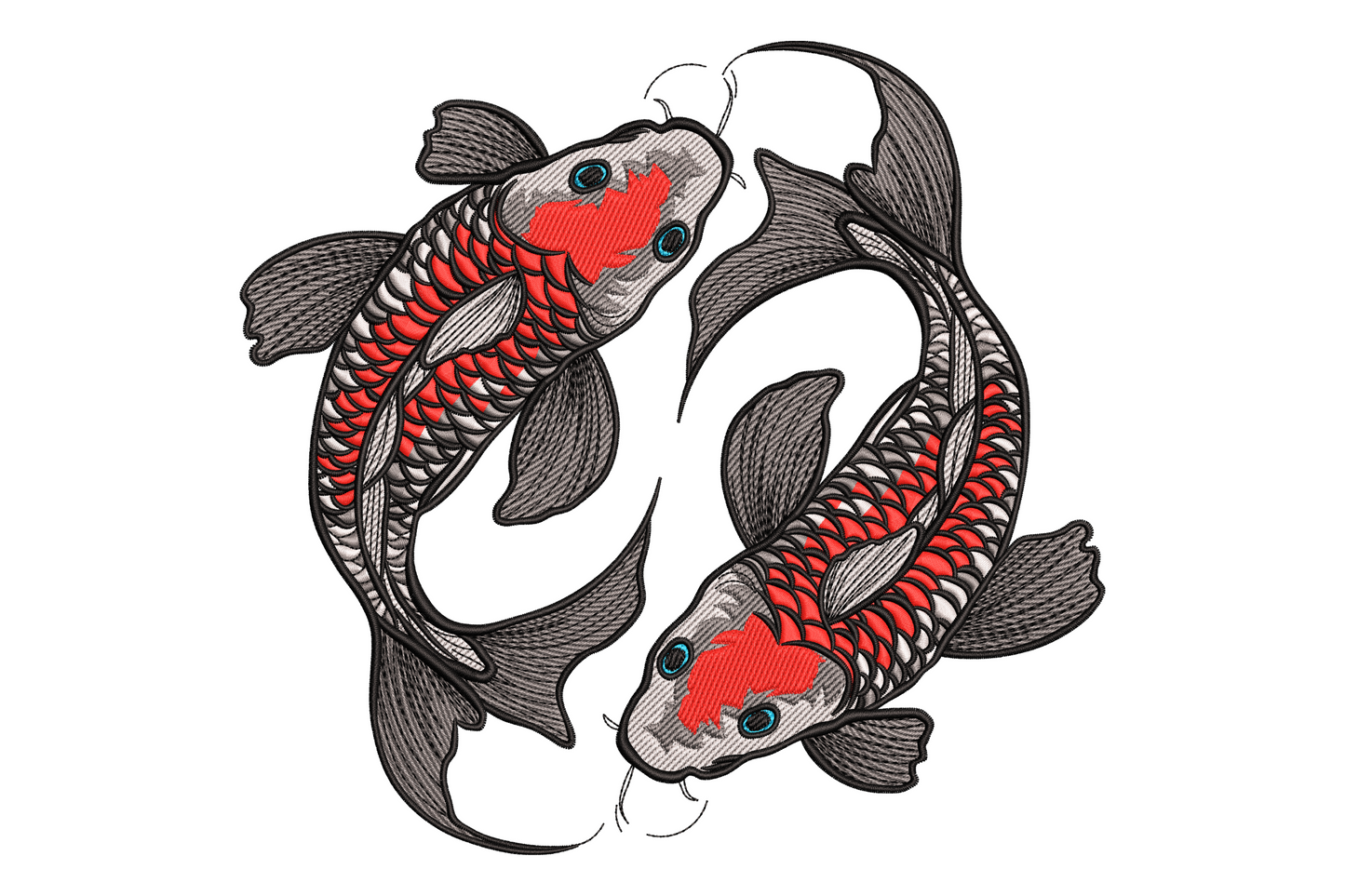 Embroidery design of two koi fish swimming in a circular yin-yang formation with detailed overlapping black, white and grey scales, bold red head patch markings, fine fan tails and small teal eye dots.