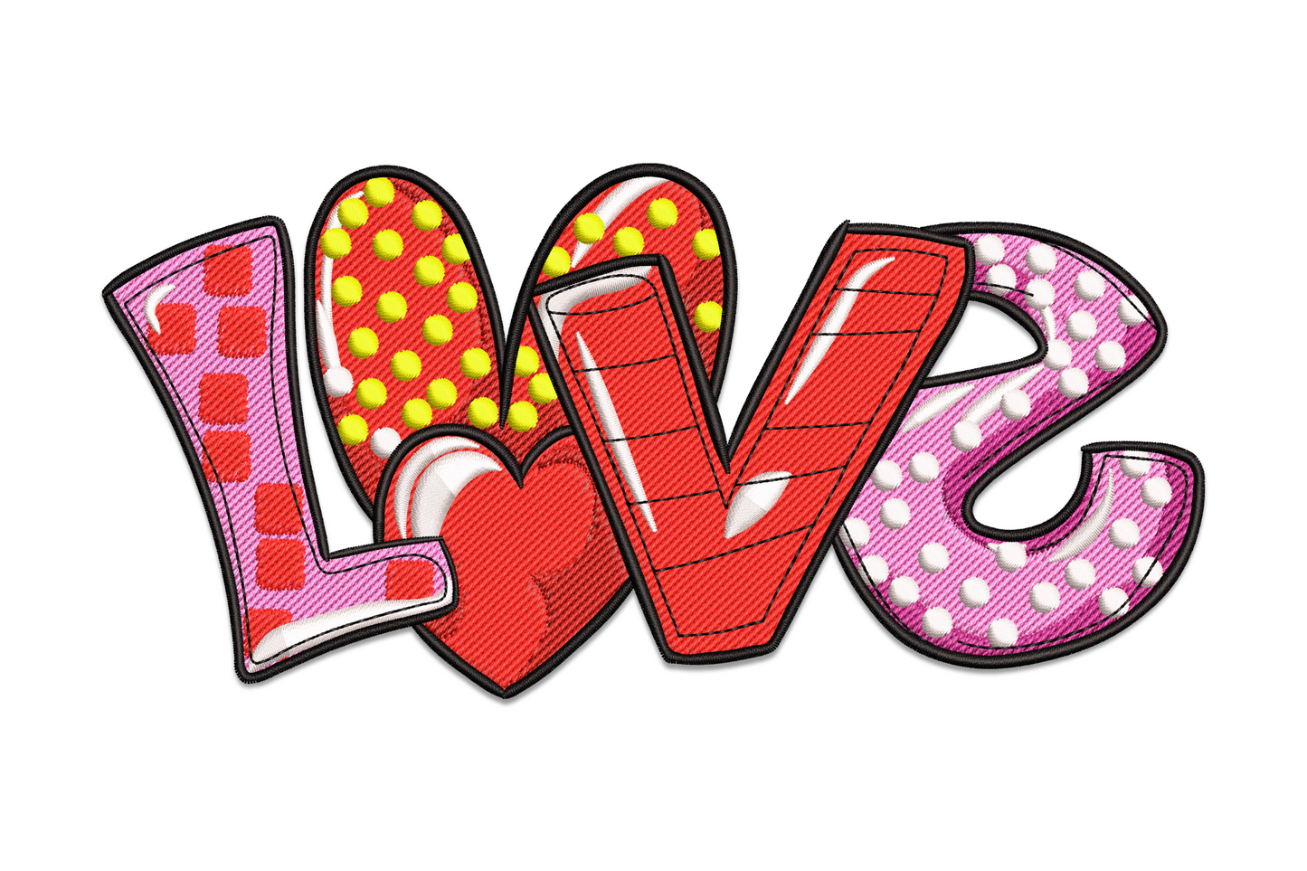 LOVE applique embroidery, block letters with mixed fills: pink grid, yellow dots, red diagonal, white dots, black outline.
