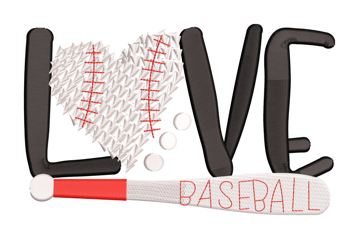 LOVE baseball embroidery design with black block letters, white baseball as the O with red seams, and outline BASEBALL text below.