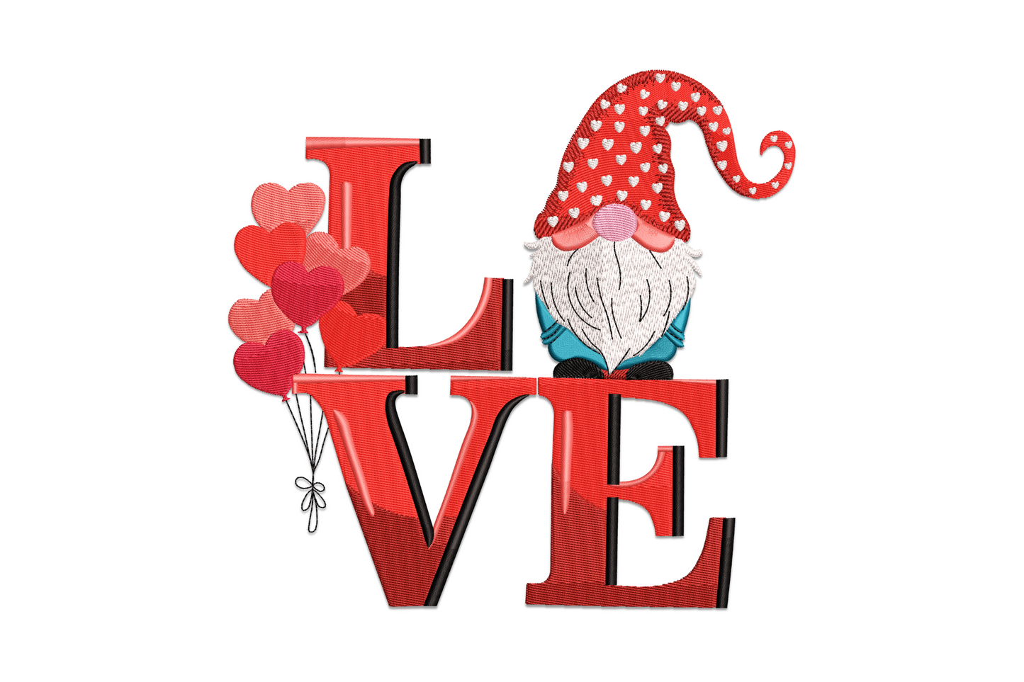 LOVE gnome embroidery with bold red block letters, gnome in star-dot beanie perched on top, cluster of red and pink heart balloons tied with a bow.