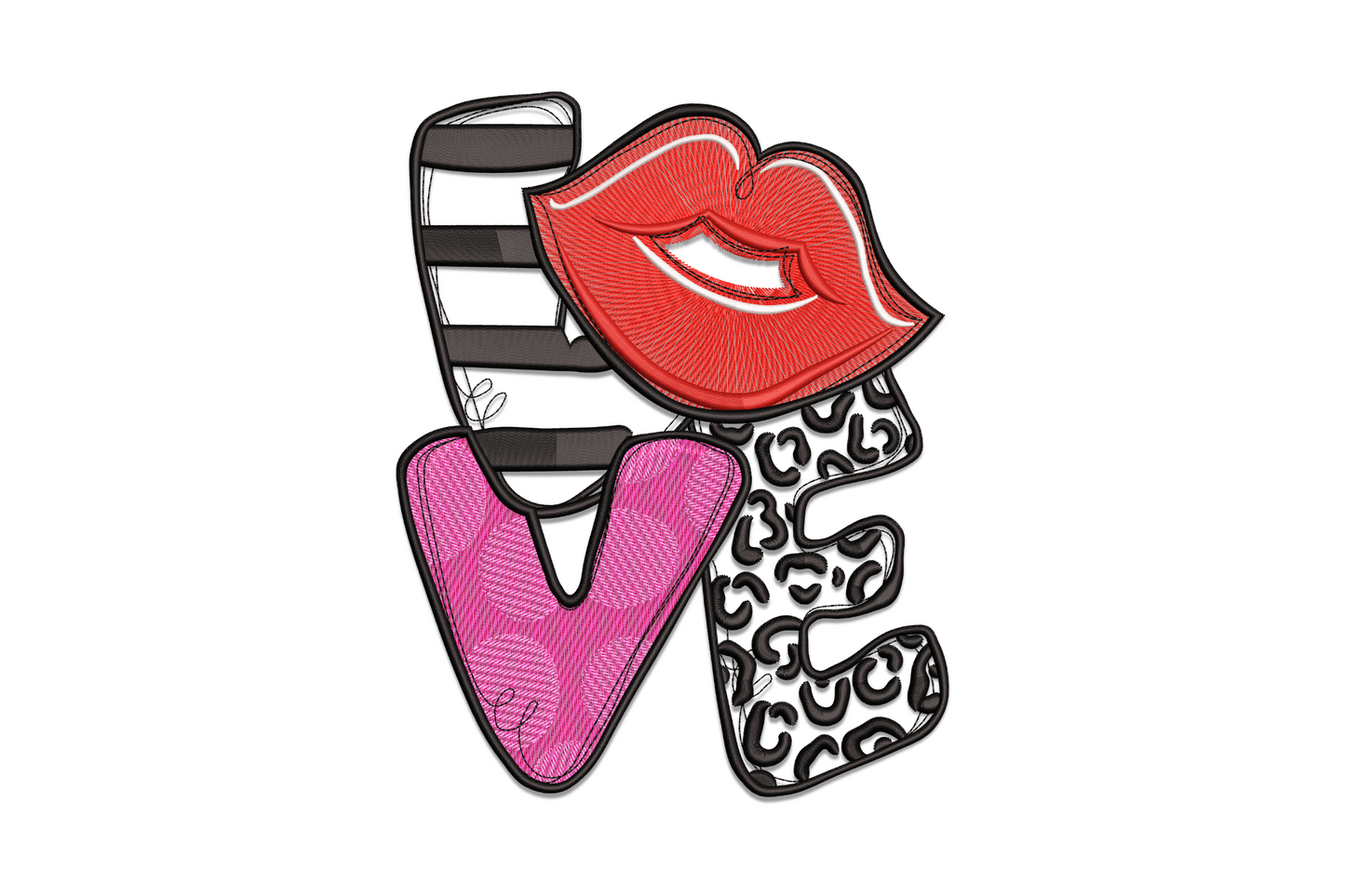 LOVE embroidery design with each letter shaped as bold colourful lips, Valentine pattern in hot pink and red