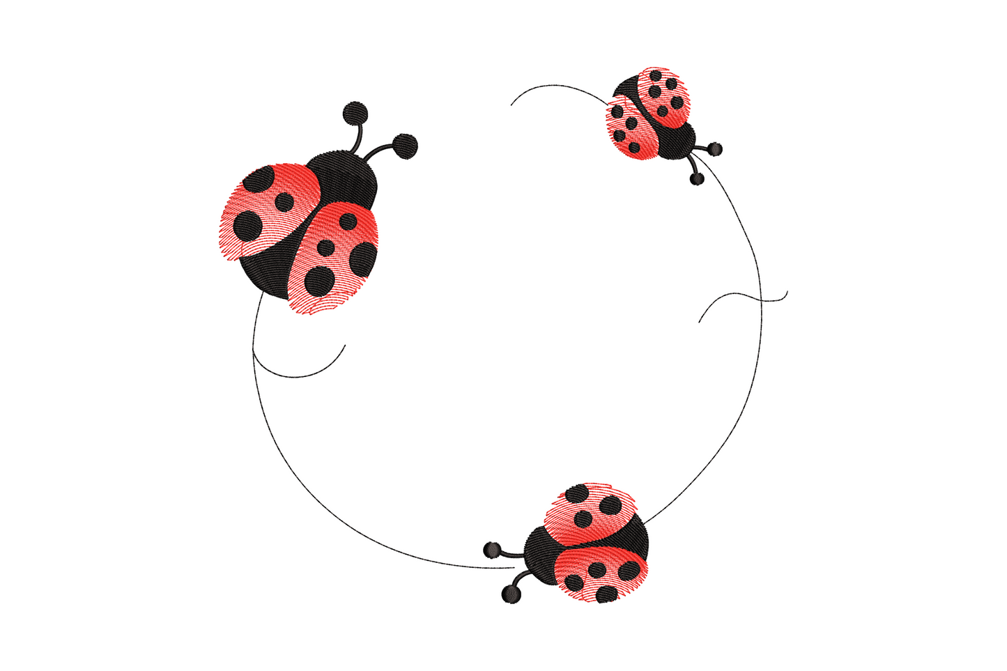 Ladybug circle flight embroidery design, three red and black ladybugs in curved arc, machine embroidery pattern