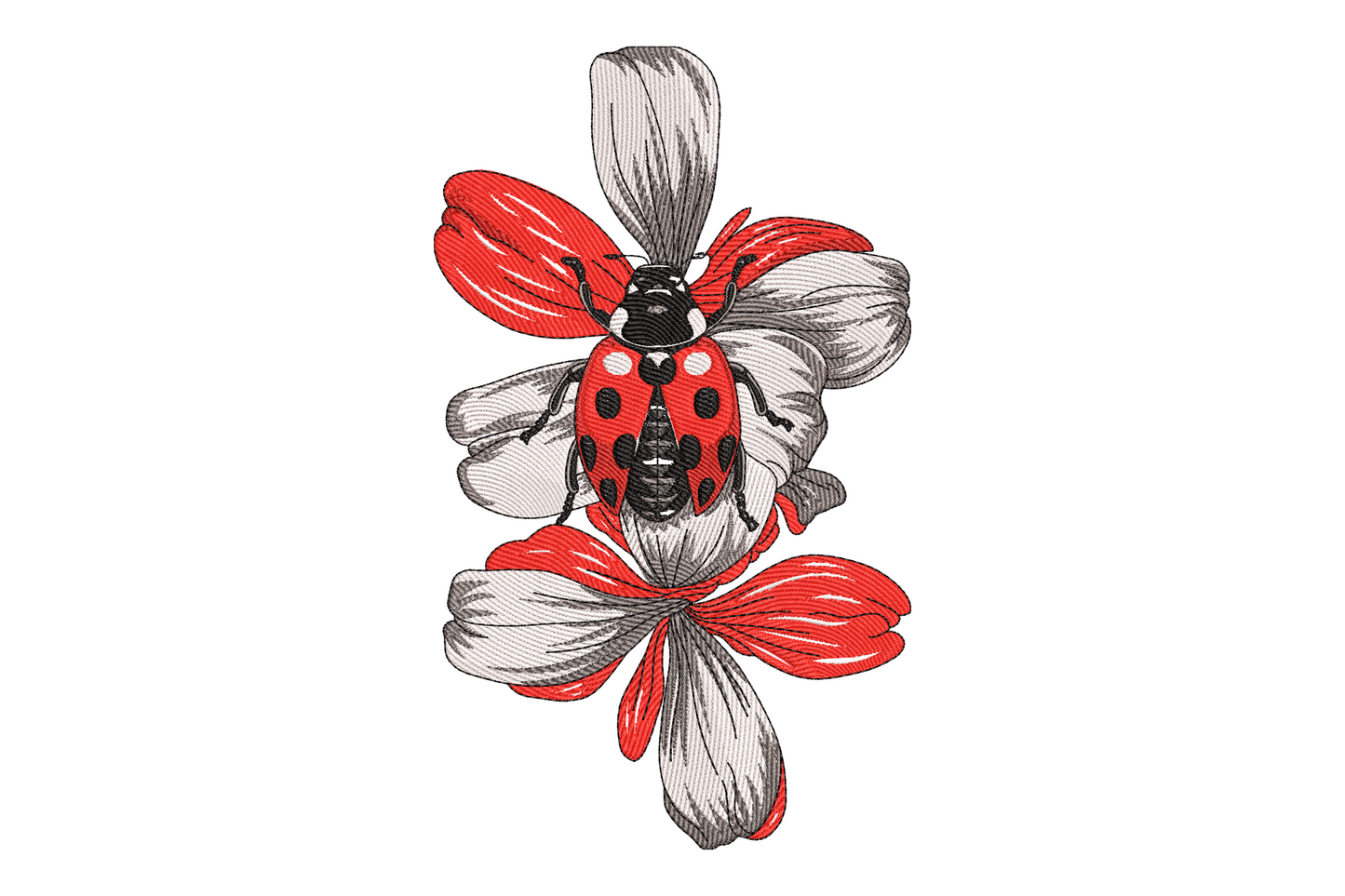 Ladybug on a flower embroidery, red and black spotted bug centred on pale grey outer petals with red inner petals.