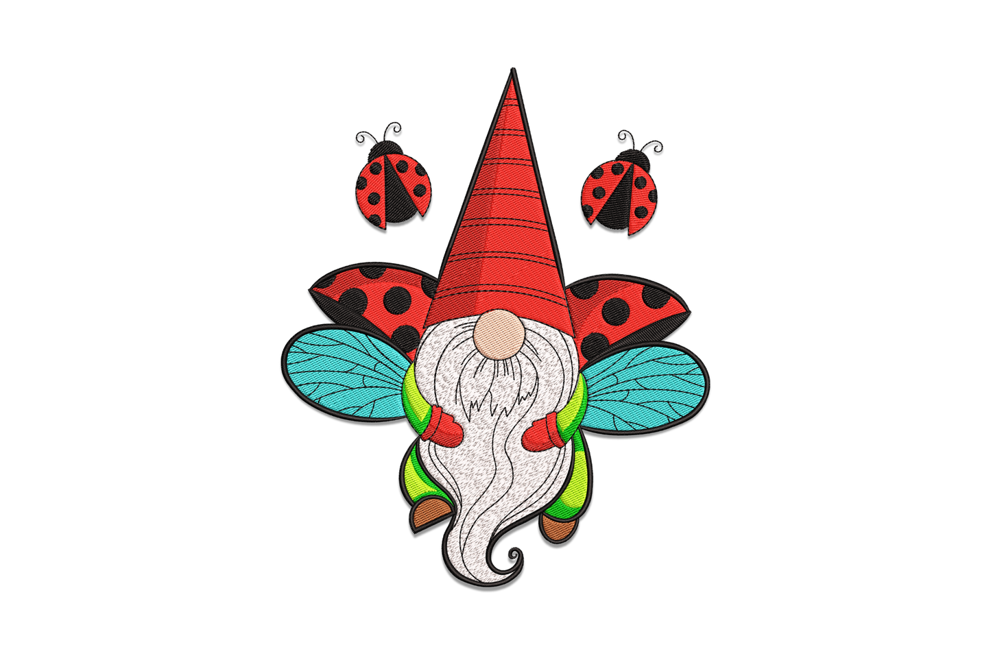 Ladybug gnome embroidery design with round red hat and spring blooms, 9 colours, 5 sizes 3.5 to 7.5 inches