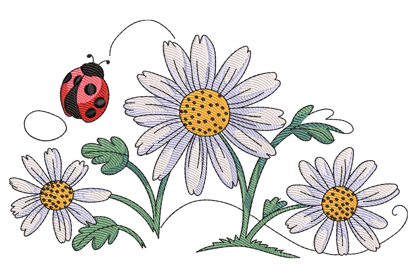 Ladybug and daisies embroidery design with three white daisies, yellow centers and a small red ladybug flying nearby