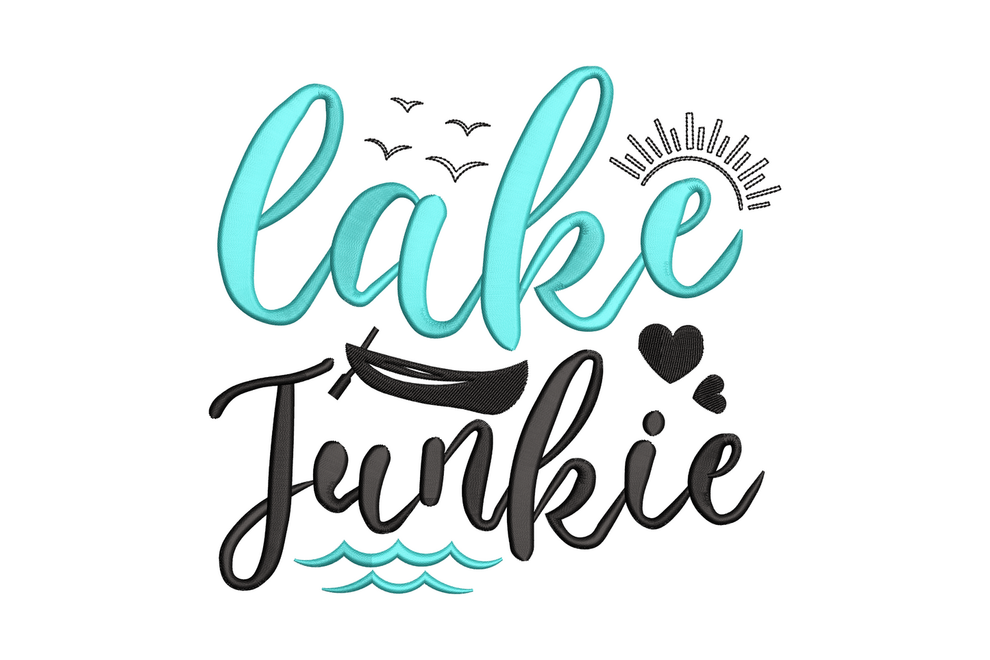 Lake Junkie embroidery design with aqua script lettering, black brushstroke text, canoe silhouette and wave lines
