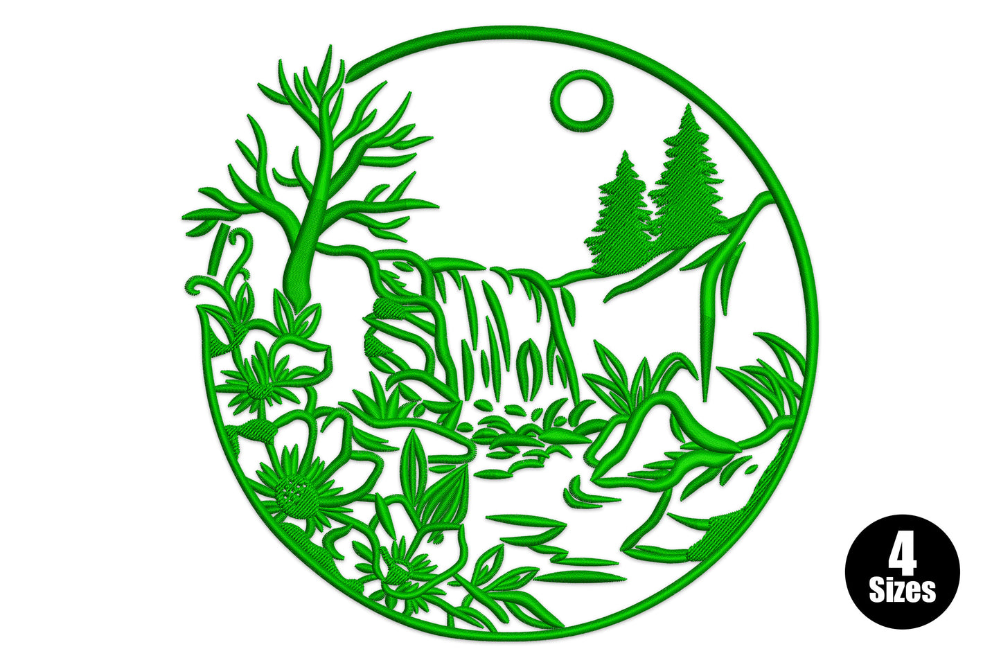 Waterfall landscape circle embroidery design, pine trees and botanicals in circle frame, dark green thread, 4-5 inch