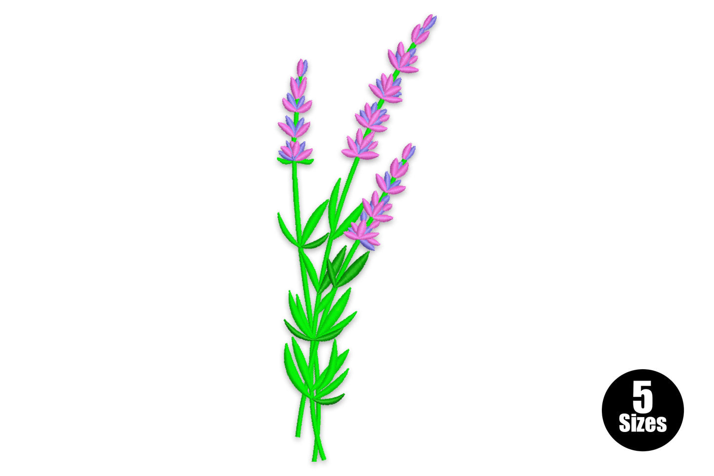 Lavender flower sprig embroidery design with two upright stems, pink-purple satin florets and two-tone green leaves on white fabric.