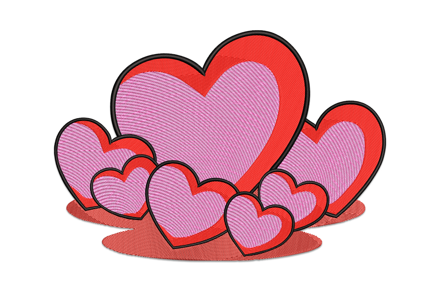 Layered stacked hearts embroidery design in 4 shades from blush to deep red, offset angles create dimensional effect, bold valentine design for shirts and pillows
