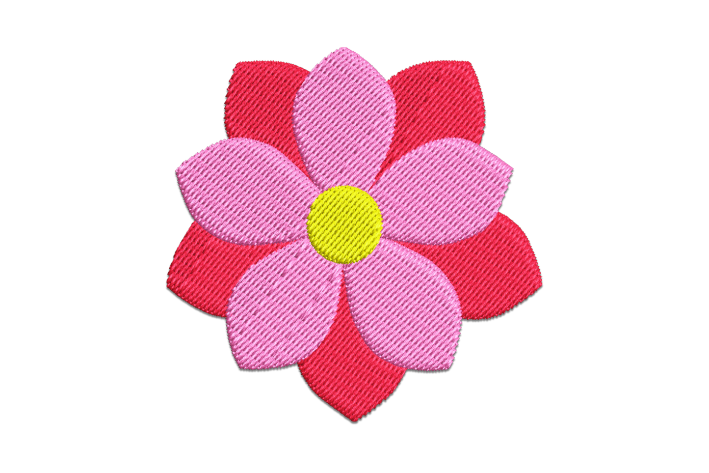 Layered pink and red flower embroidery with satin petals in two tones and small centre detail on white background.