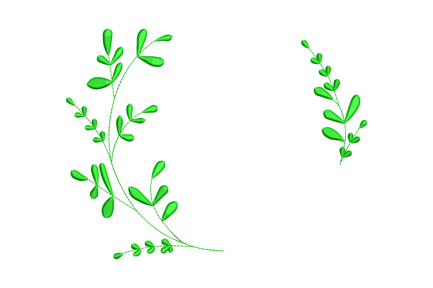 Leaf corner and accent branch embroidery design with two separate green botanical sprigs as a facing pair, 4 to 6 inch sizes, single colour.