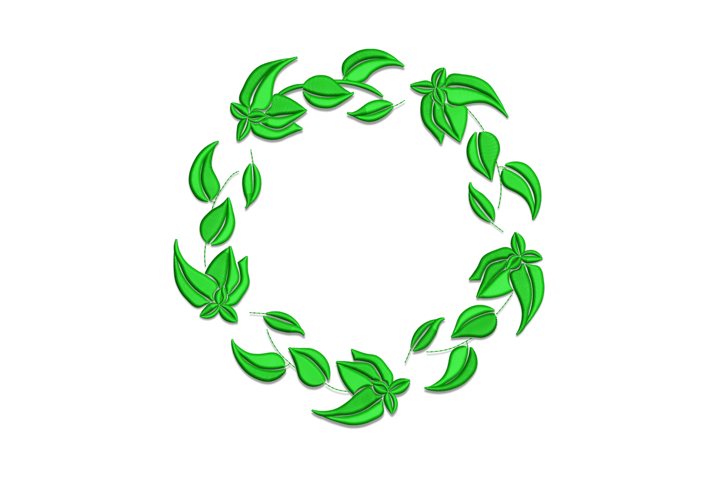 Dark green leaf wreath circle machine embroidery design, single colour monochrome botanical on white background