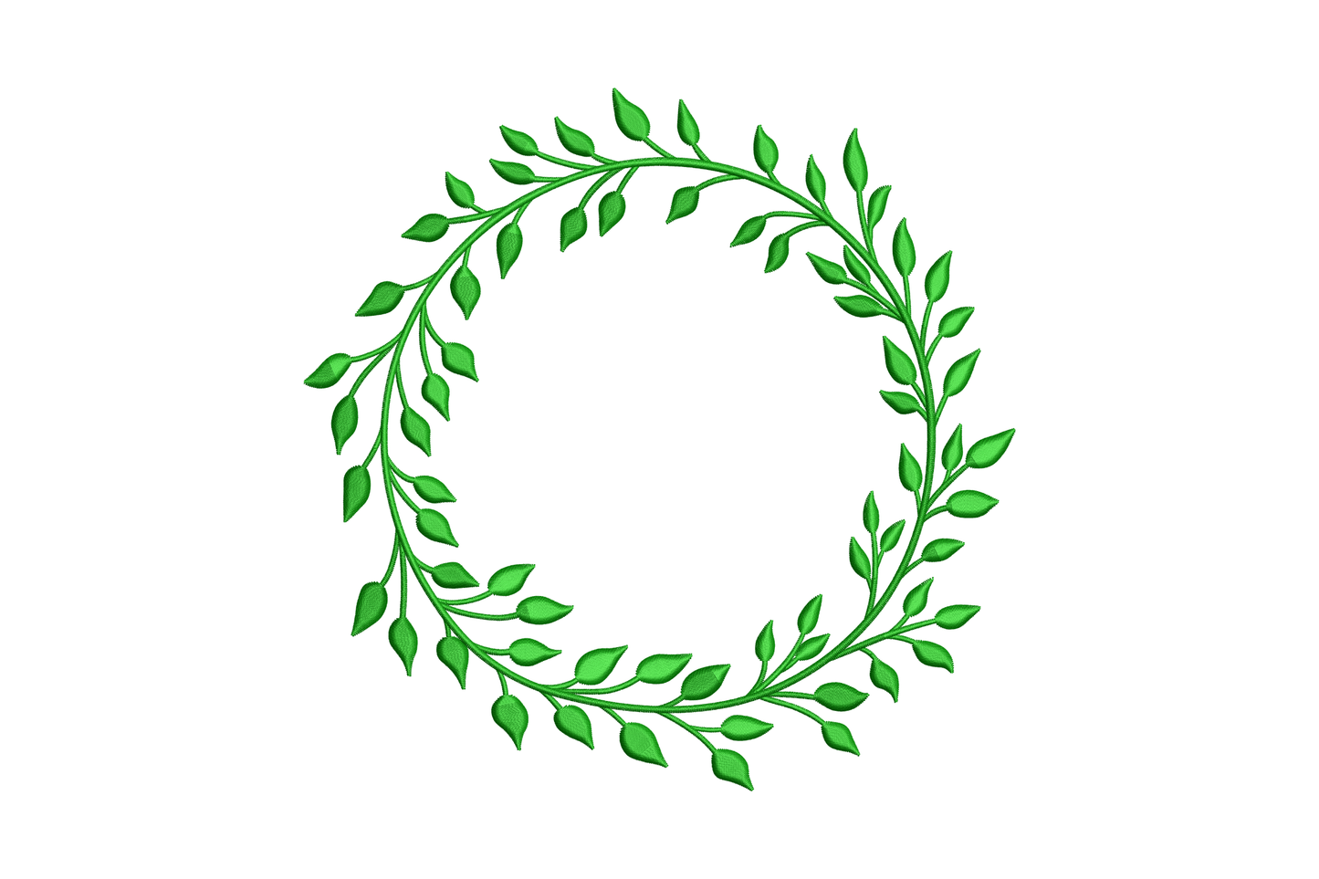 Circular botanical wreath of slender leaves on curving branch stems, open centre for monogram, single colour run stitch outline, clean modern style.