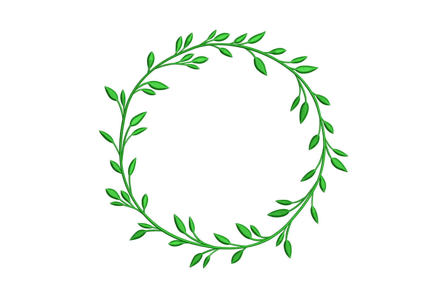 Leaf wreath embroidery design with dark green oval leaves on a circular vine, open centre, 3 to 8 inch sizes, single colour.