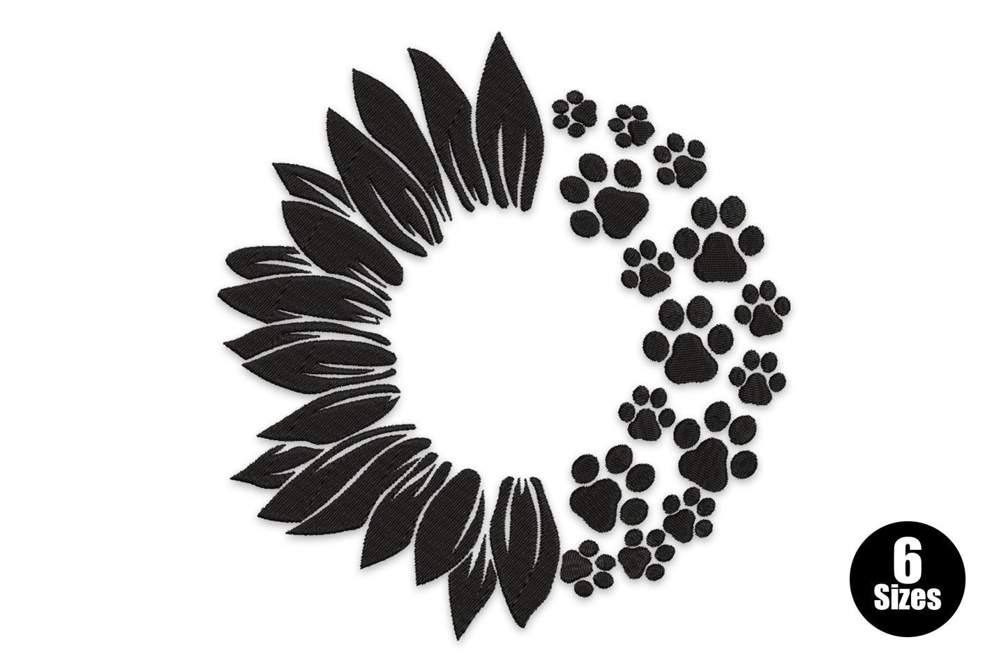Leaf paw print wreath embroidery design, leaf petals left arc and paw prints right arc, black on white.