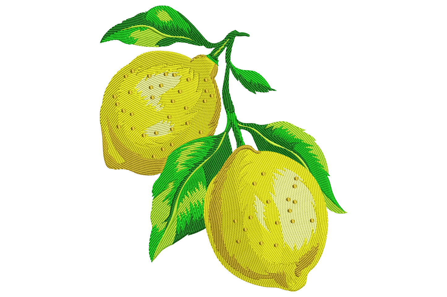 Lemon branch embroidery design with three ripe yellow lemons, layered sage and forest green leaves and small white blossoms.