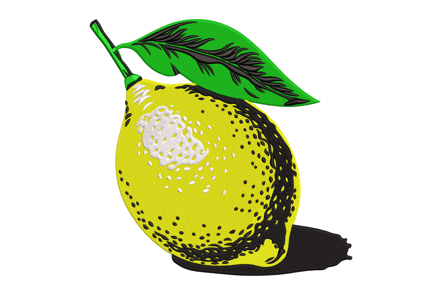 Lemon fruit machine embroidery with dimpled skin texture and green leaf, realistic citrus design in bright yellow and cream with 4 thread colours