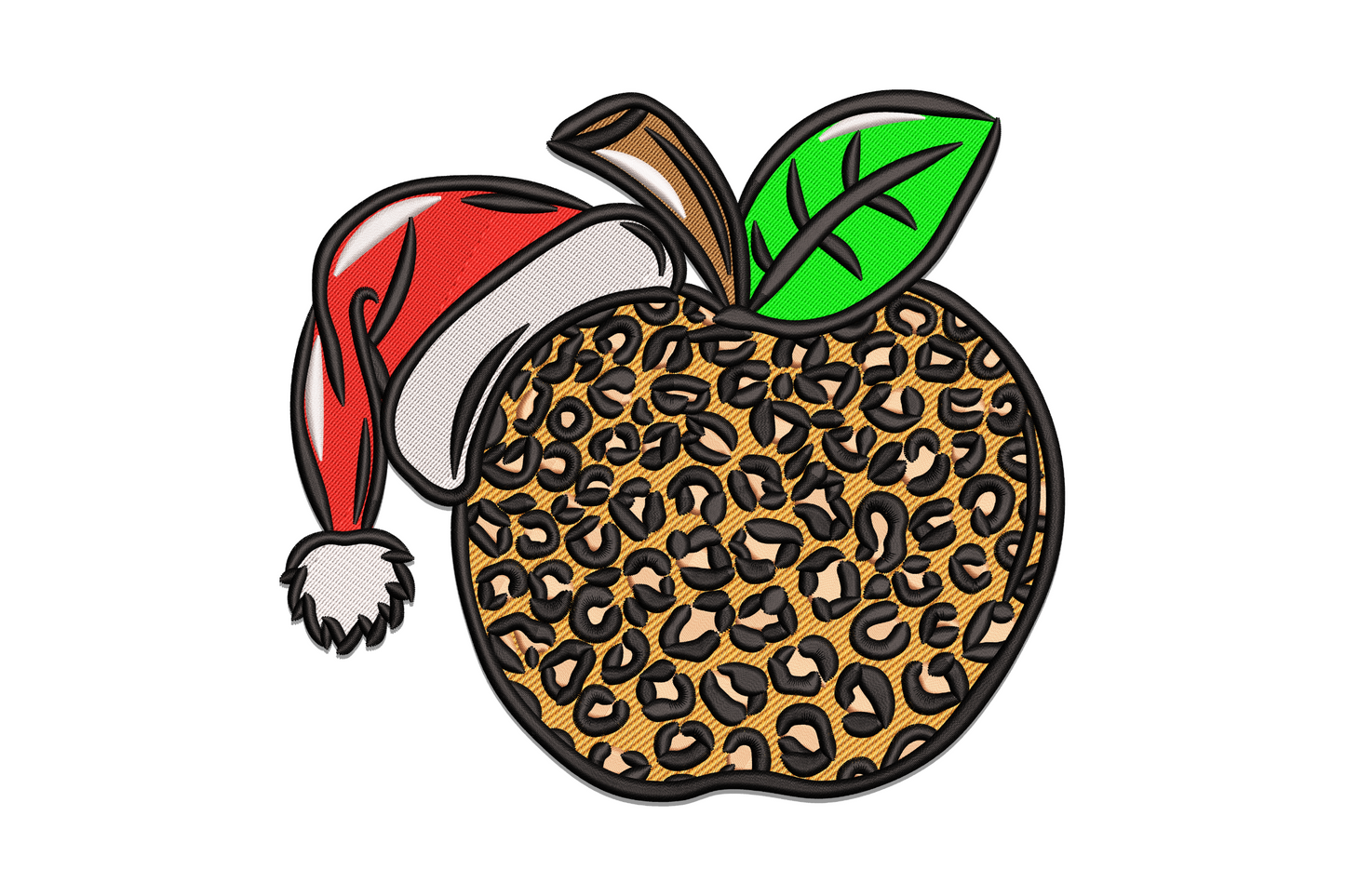 Leopard apple Christmas embroidery, apple with leopard print fill, red Santa hat, green leaf and brown stem