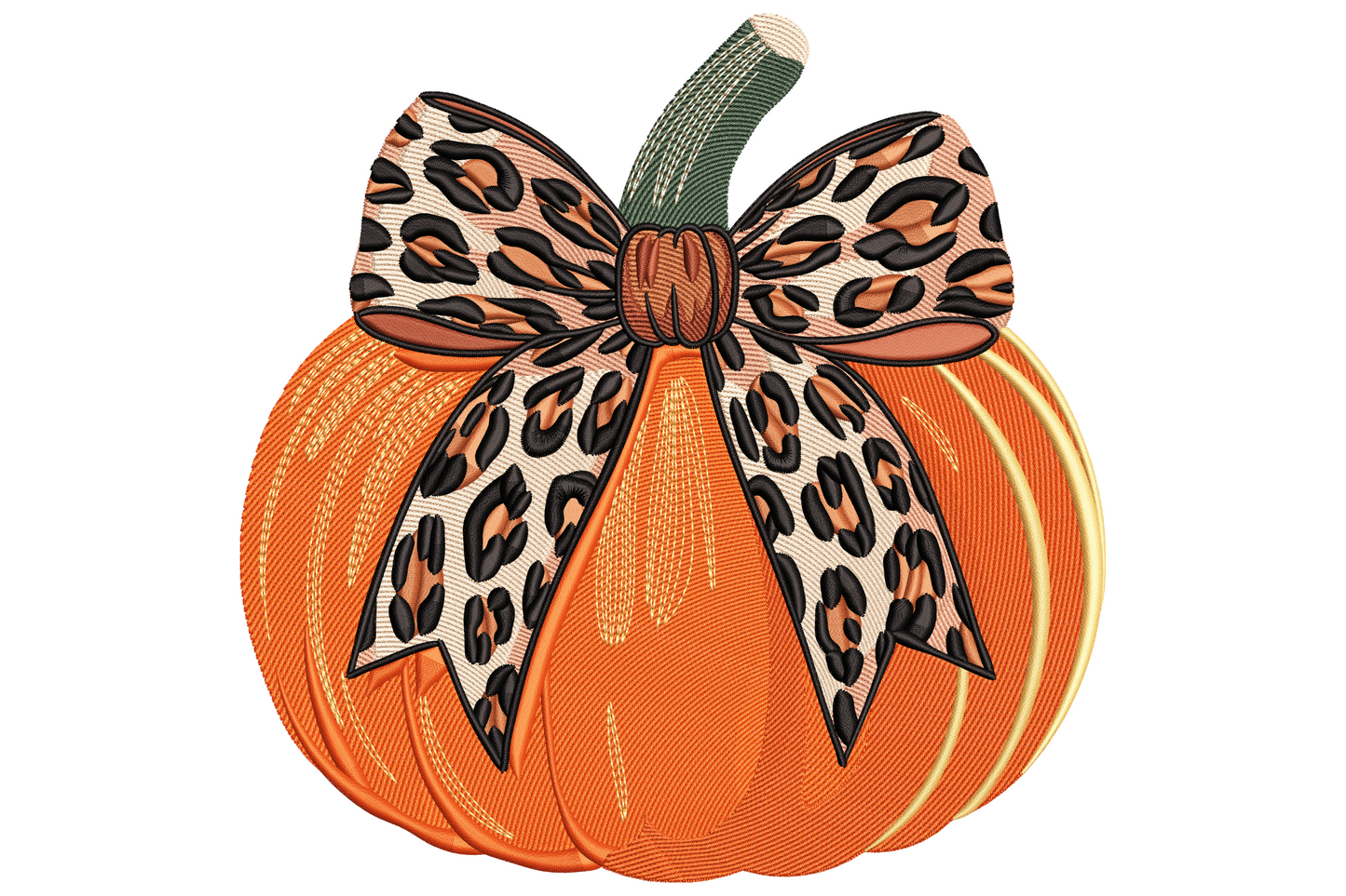 Round leopard print pumpkin embroidery with tan base, brown rosette spots, soft pink bow tied around green stem, trailing tails draping down side, hand-drawn fall mood.