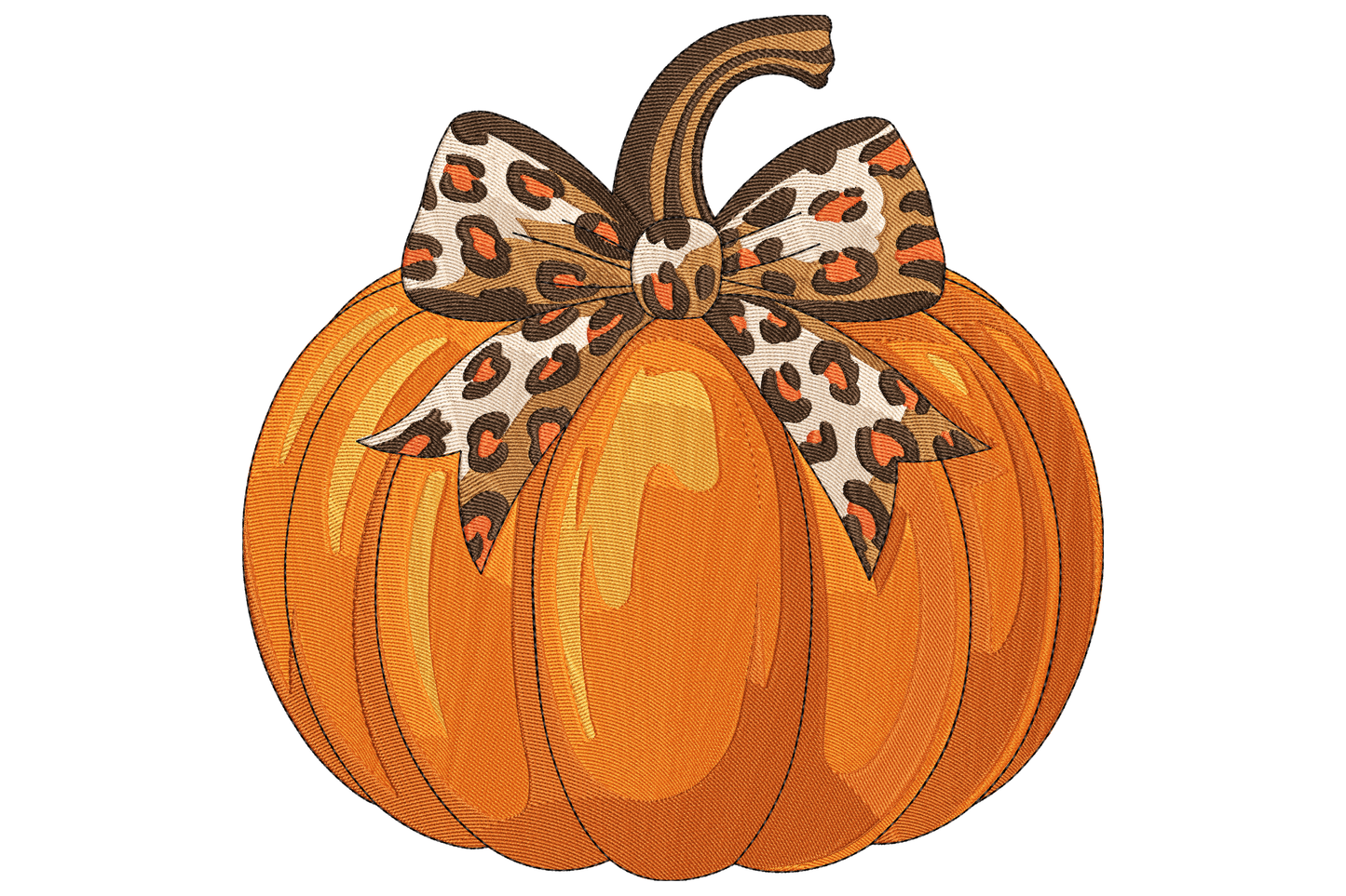 Leopard print pumpkin embroidery design with burgundy bow on top, orange body with brown and black spots, fall Halloween theme, square composition.