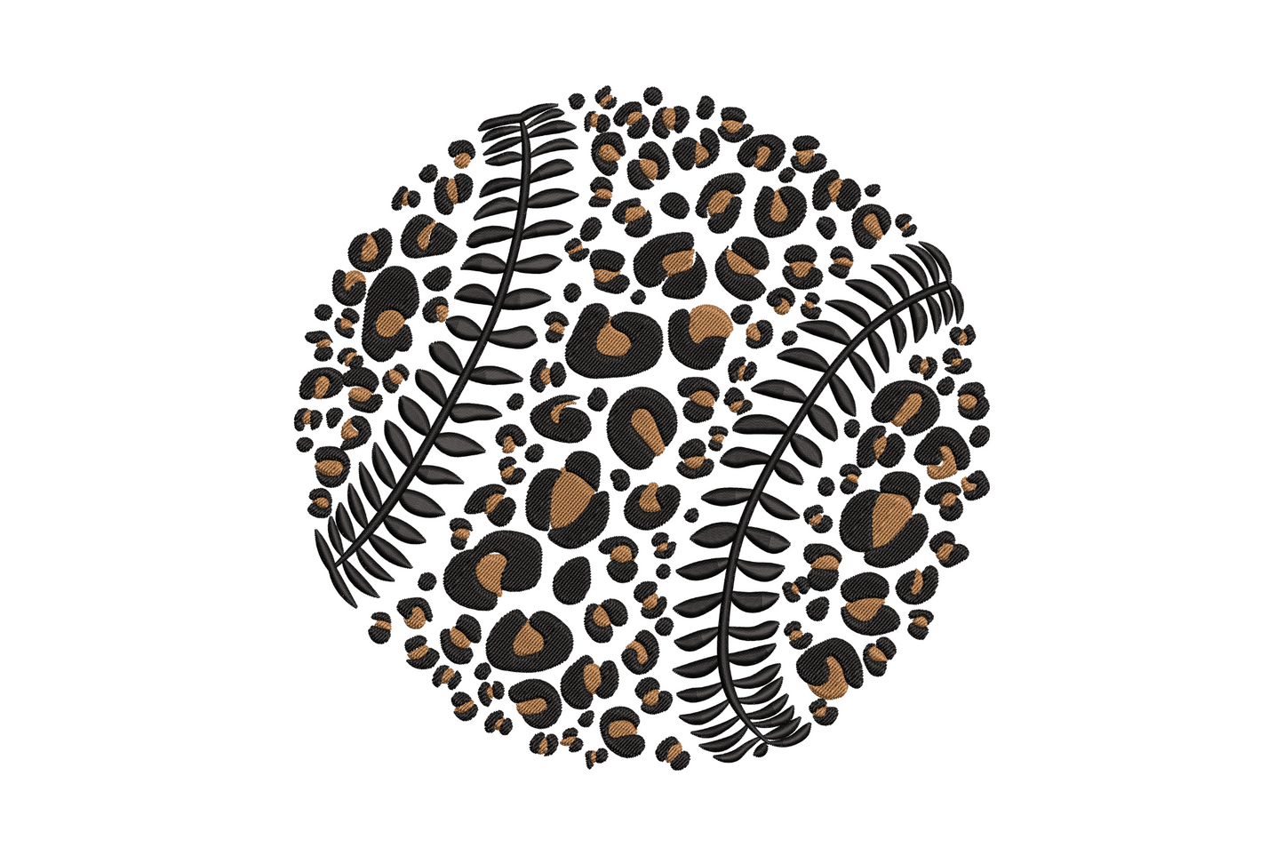 Leopard print baseball embroidery, round baseball with leopard spots in black and tan, 2 color dense fill design